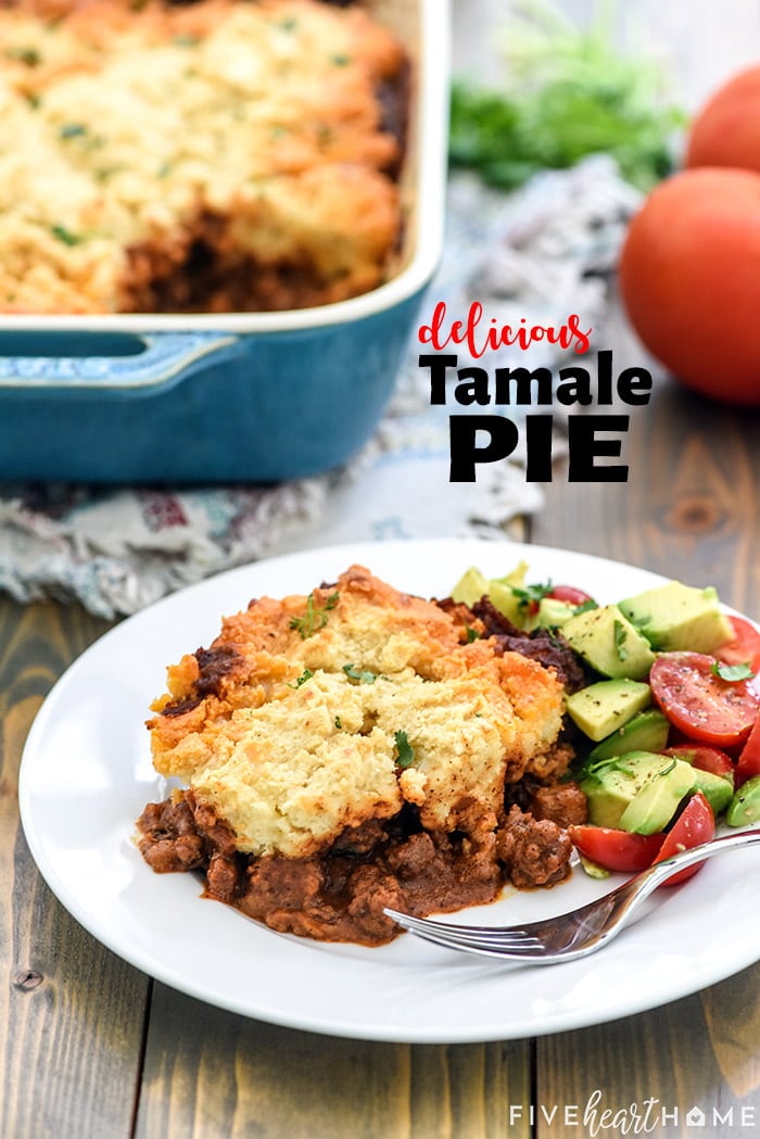 Tamale Pie ~ this easy dinner recipe features a zesty, flavorful ground beef filling with a delicious baked topping made of masa. The result is meal that tastes amazingly like a beef tamale and can easily be made gluten-free! | FiveHeartHome.com via @fivehearthome