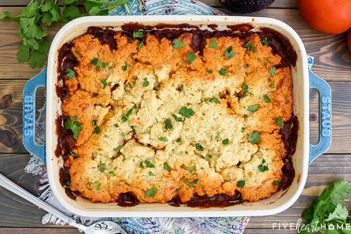 Aerial view of Tamale Pie in baking dish on table.