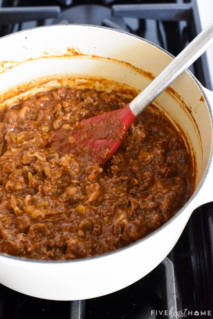 Filling for Tamale Pie stirred together in pot.