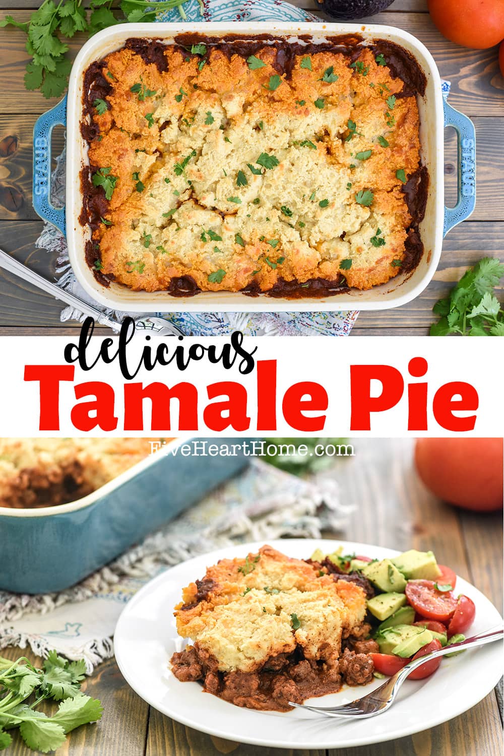 Tamale Pie ~ this easy dinner recipe features a zesty, flavorful ground beef filling with a delicious baked topping made of masa. The result is meal that tastes amazingly like a beef tamale and can easily be made gluten-free! | FiveHeartHome.com via @fivehearthome