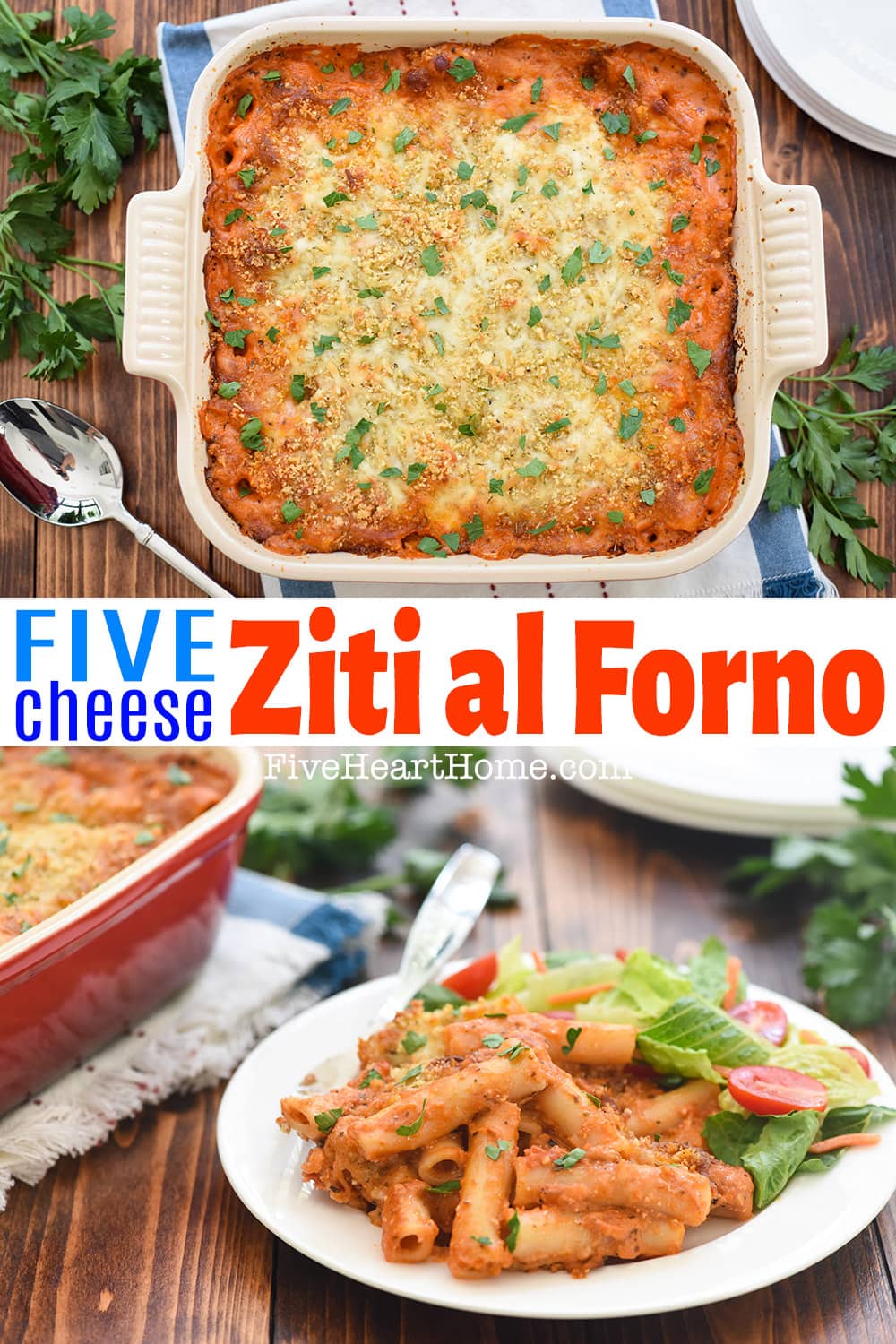 Five Cheese Ziti al Forno ~ this Olive Garden copycat recipe is like an Italian version of mac and cheese, combining mozzarella, Parmesan, Romano, fontina, and ricotta with tender pasta, flavorful marinara sauce, and creamy Alfredo sauce for a decadent, delicious comfort food dinner! | FiveHeartHome.com via @fivehearthome