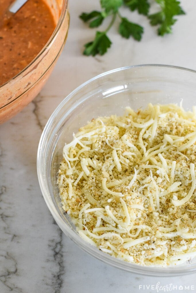 Bowl of breadcrumb and cheese topping.