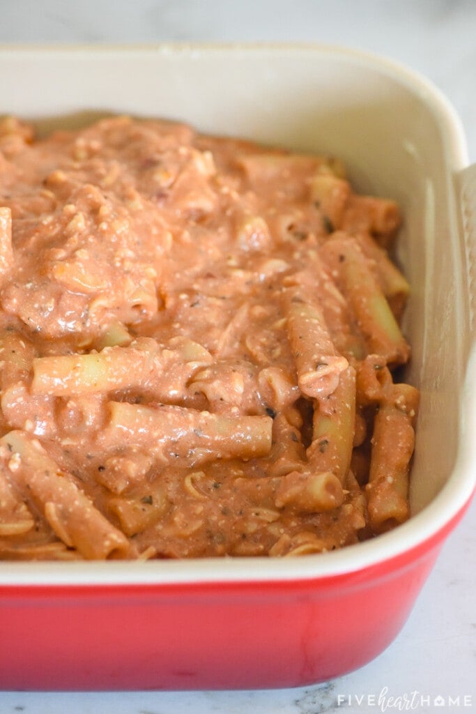 Close-up of pasta in baking dish.