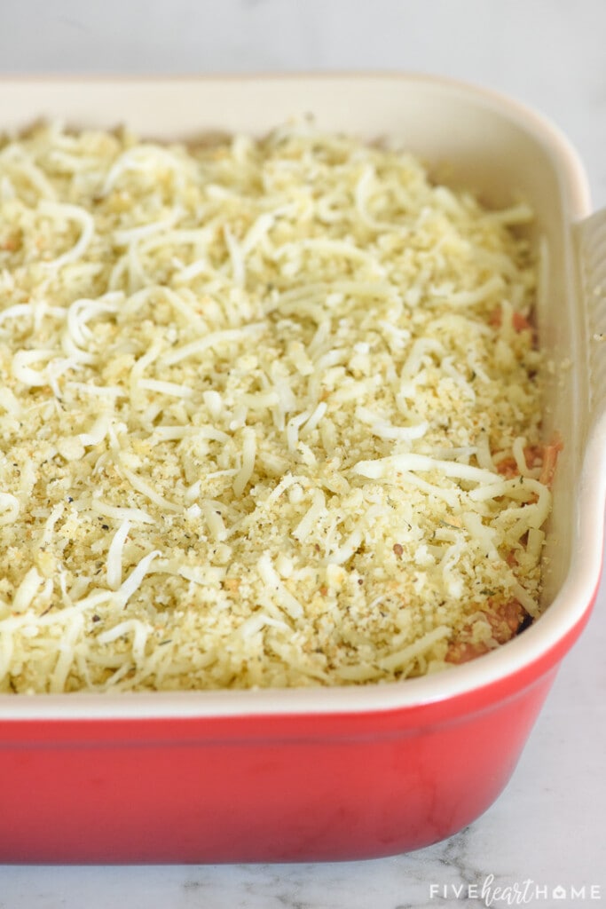 Five Cheese Ziti al Forno in baking dish ready for oven.