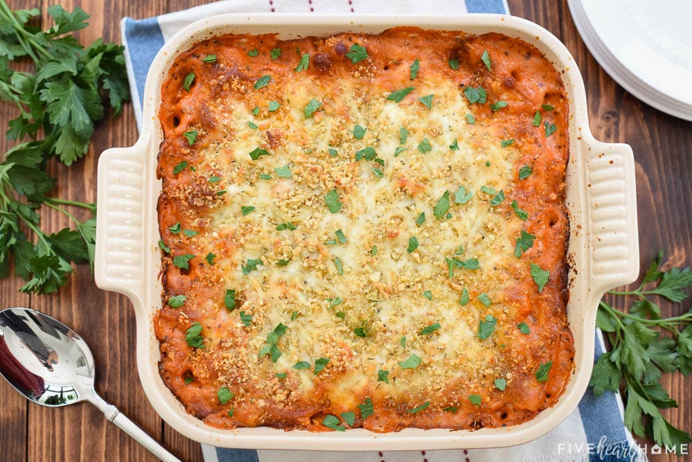 Aerial view of Five Cheese Ziti al Forno with parsley garnish.