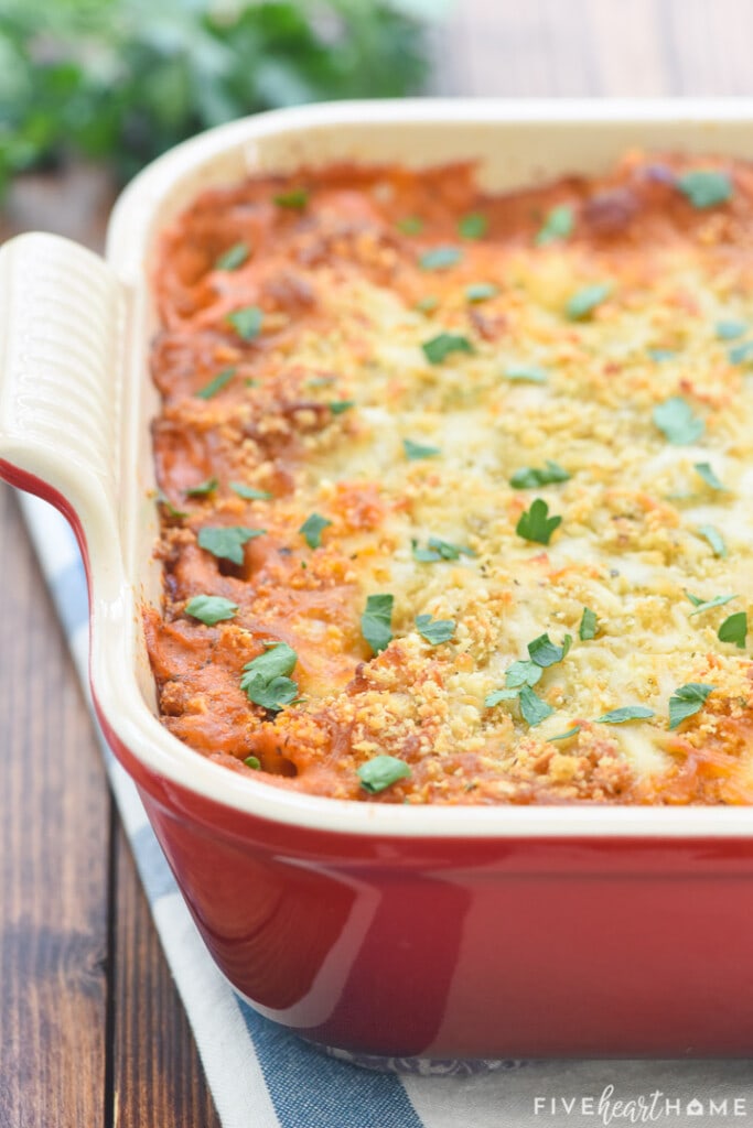 Close-up of surface of Five Cheese Ziti al Forno.
