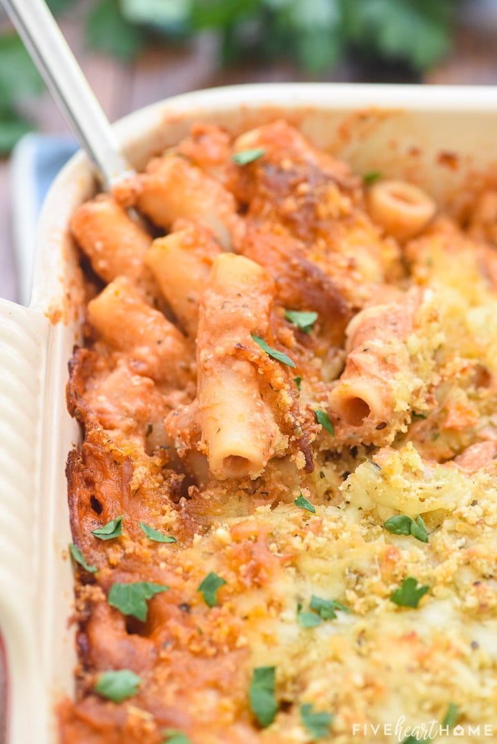 Close-up of Five Cheese Ziti al Forno being scooped.