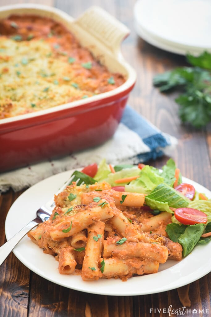 Five Cheese Ziti al Forno on plate and in dish.