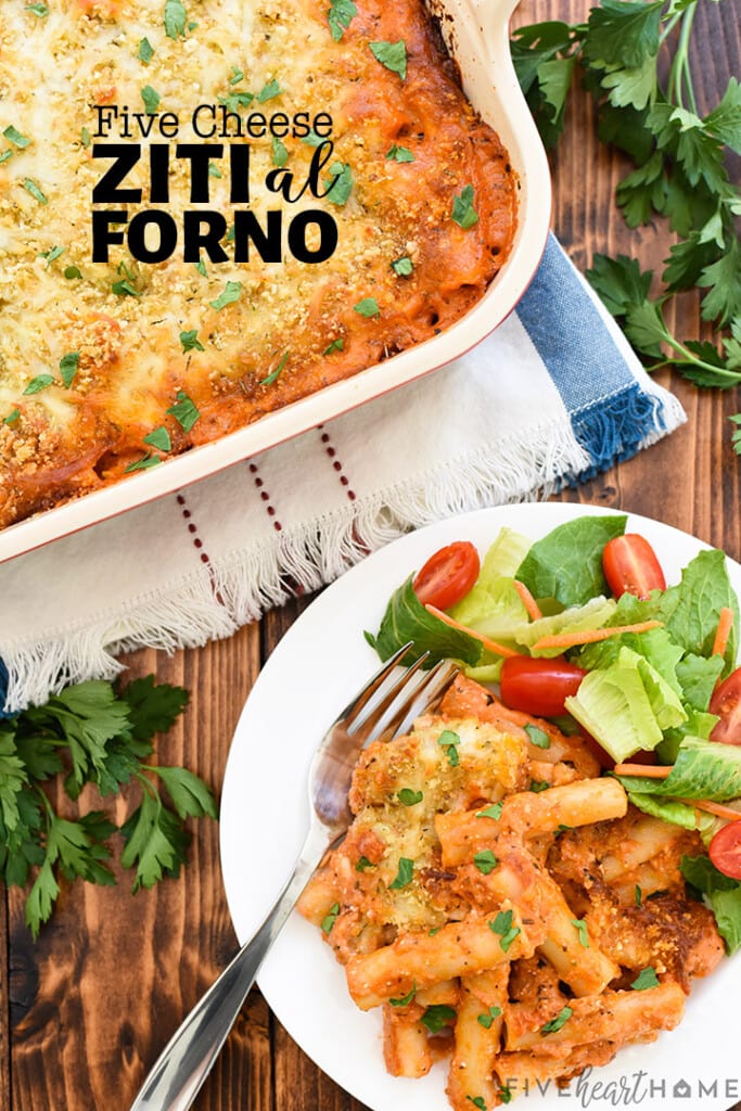 Five Cheese Ziti al Forno with text overlay.