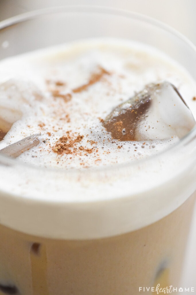 Close-up of foam and spices on top of a Pumpkin Cream Cold Brew.