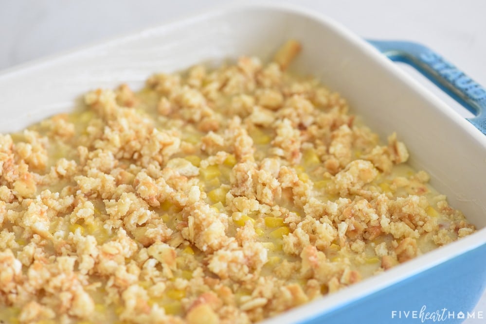 Scalloped Corn with topping ready for oven.