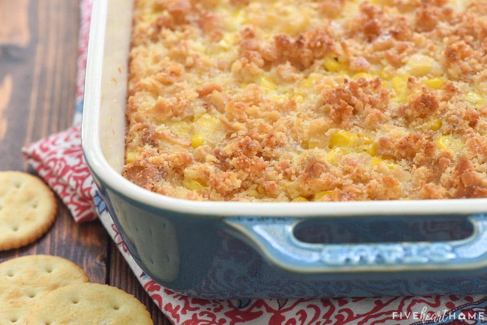 Close-up of buttery cracker topping.