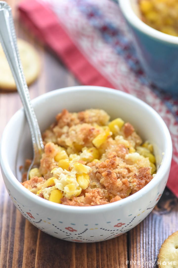 Scalloped Corn in serving bowl.