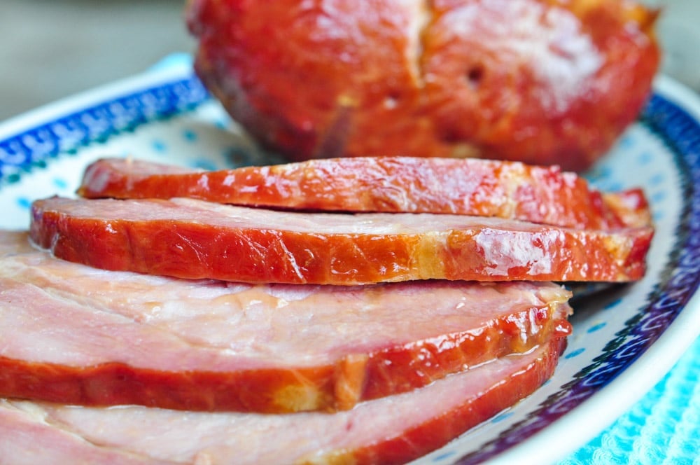 Close-up of Slow Cooker Ham slices.