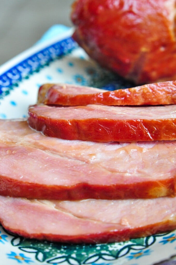 Sliced Crockpot Ham on platter.