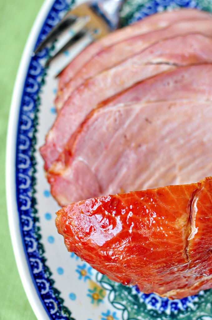 Aerial view of Crockpot Ham recipe on platter.