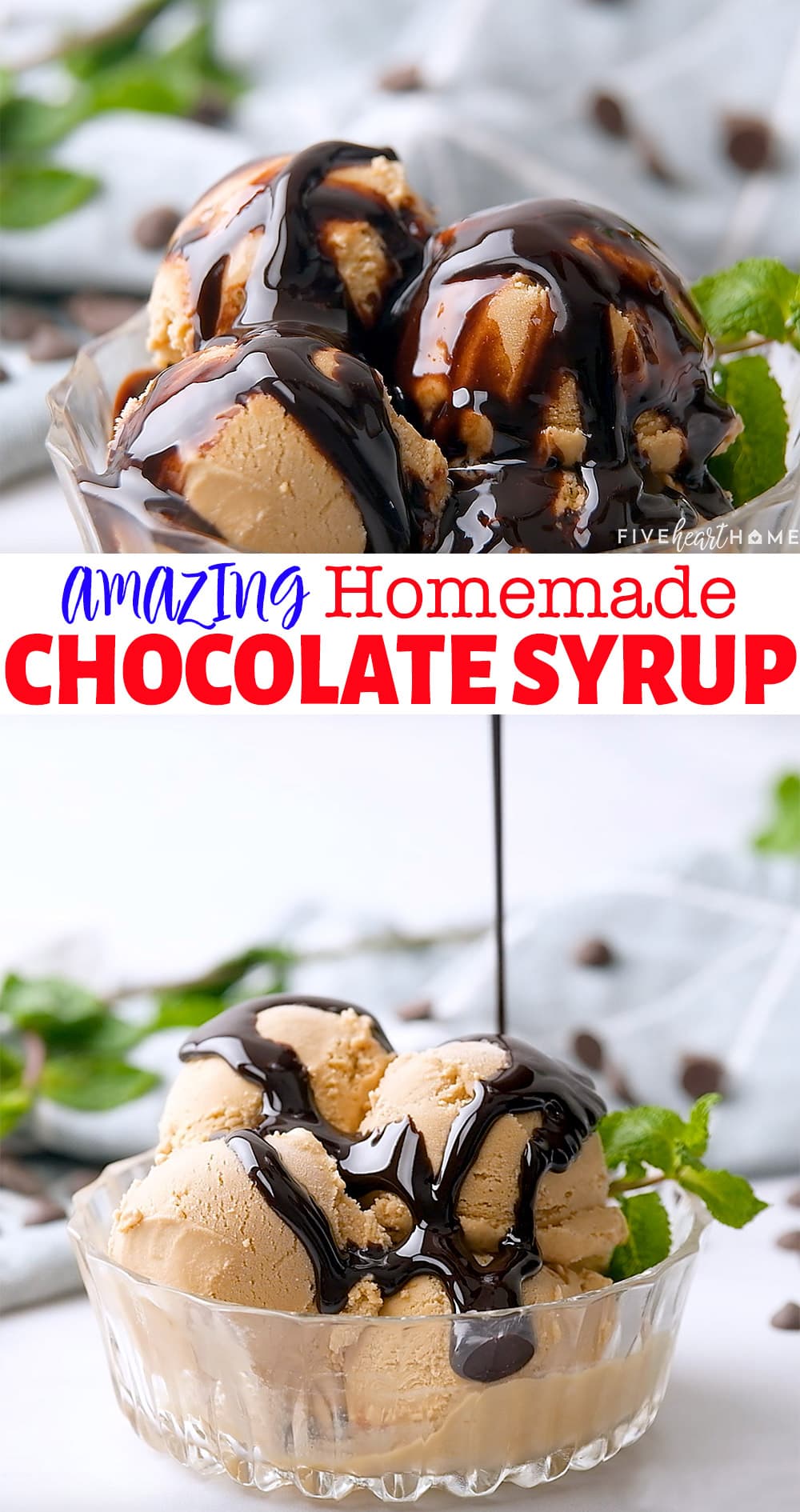The BEST Homemade Chocolate Syrup ~ this easy chocolate syrup recipe is made with five natural ingredients in about five minutes. It is a scrumptious topping for ice cream and makes perfect chocolate milk. And since it's made with simple ingredients, it's economical AND you don't have to worry about the additives and preservatives found in many store-bought brands! | FiveHeartHome.com via @fivehearthome