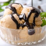 Close-up of Chocolate Syrup over ice cream.