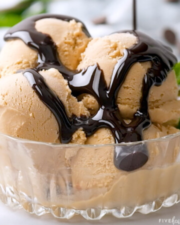 Close-up of Chocolate Syrup over ice cream.