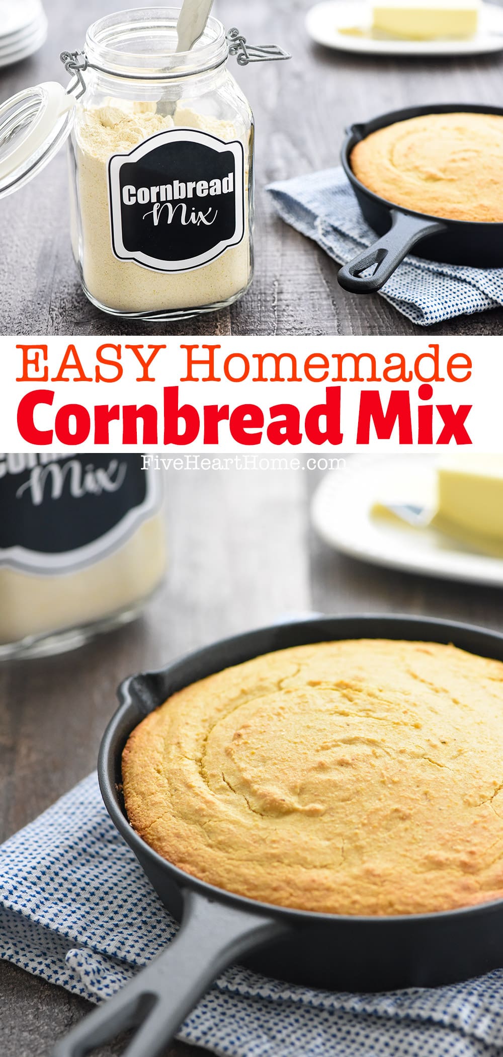 Homemade Cornbread Mix ~ this quick and easy, from-scratch dry mix is not only a convenient time saver to keep in the pantry, but it's also versatile enough to be used in a variety of recipes and it avoids the artificial ingredients often found in store-bought cornbread mix! | FiveHeartHome.com via @fivehearthome