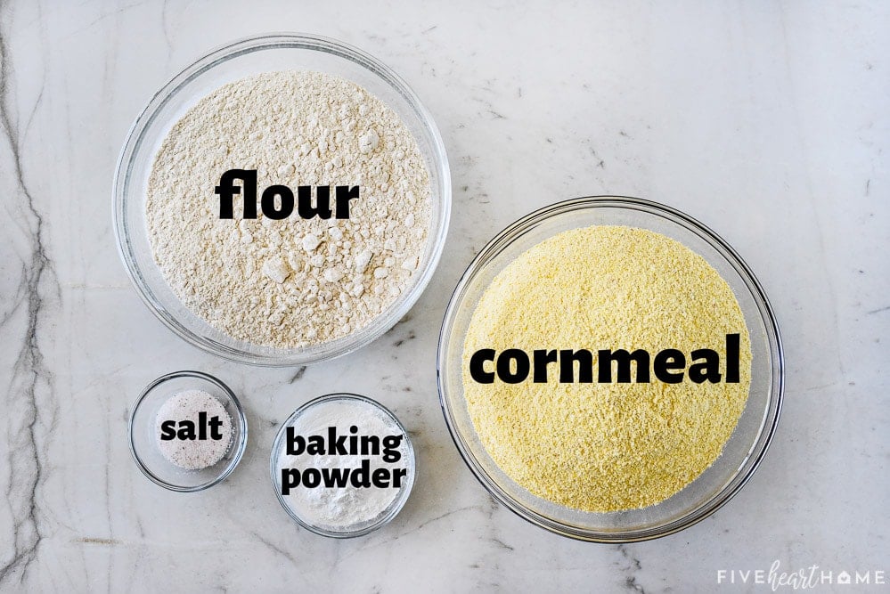 Labeled ingredients for making Cornbread Mix recipe.