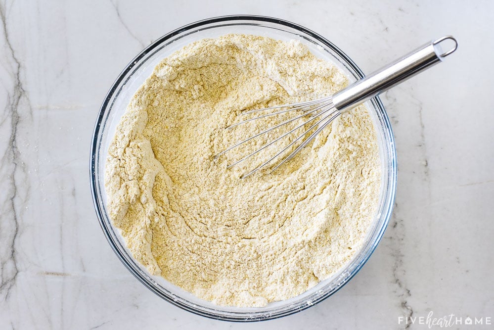 Aerial view of Cornbread Mix whisked in bowl.