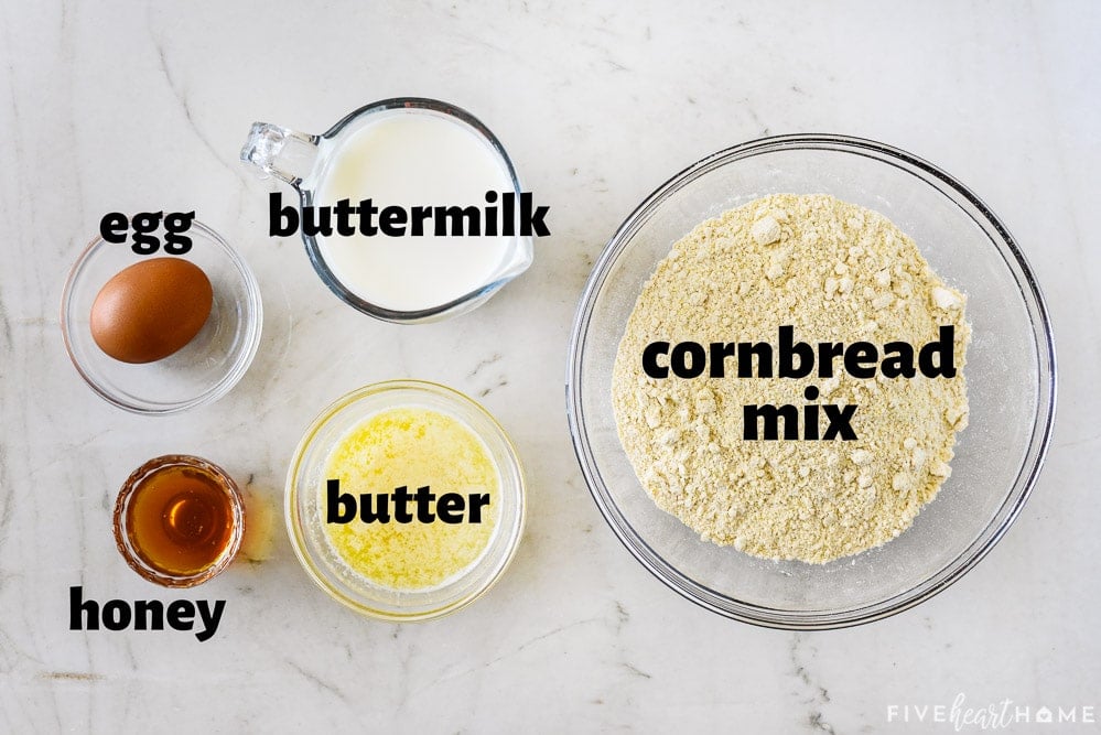 Labeled ingredients for making cornbread.