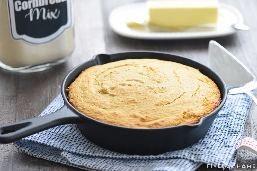 Scene with Cornbread Mix, skillet, and butter.