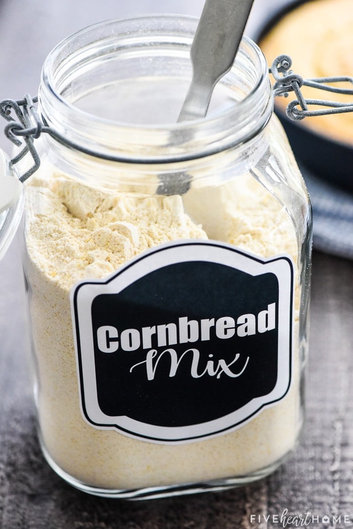 Close-up of Cornbread Mix recipe in jar.