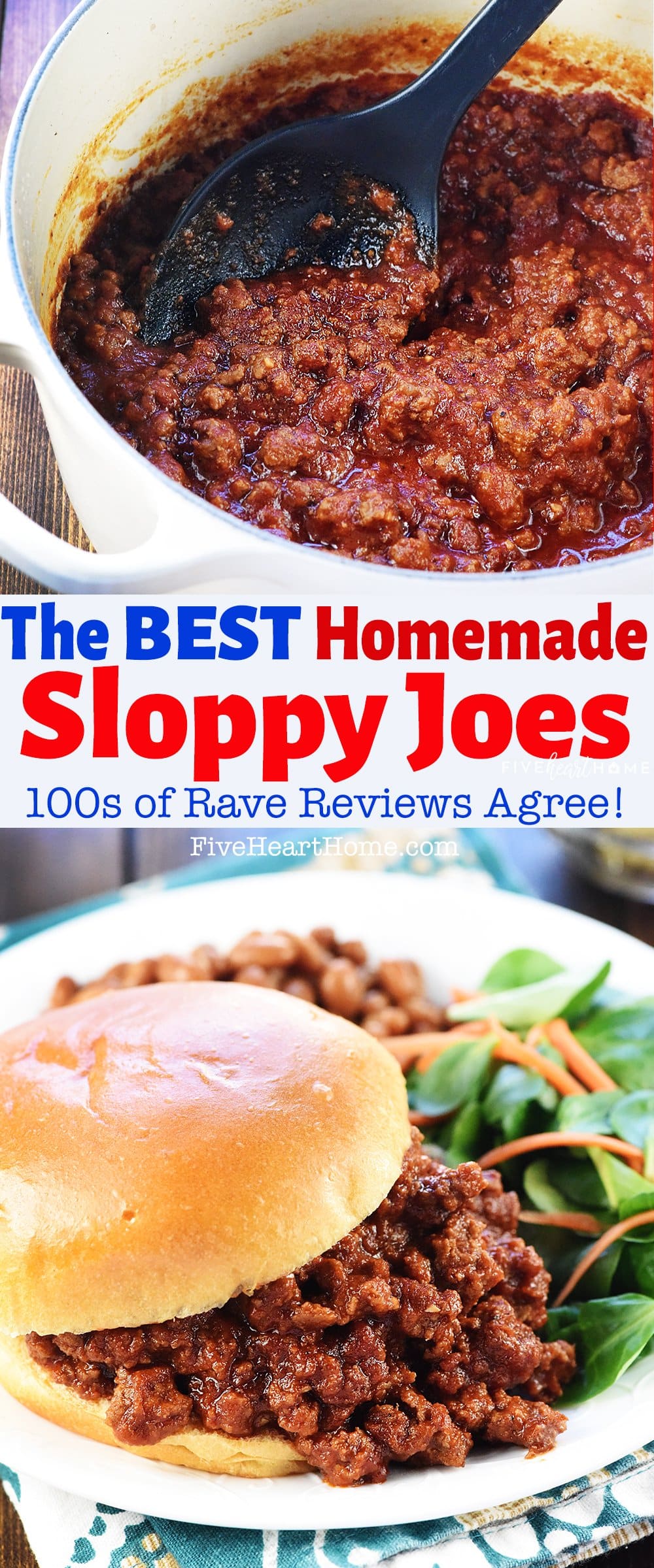 The BEST Homemade Sloppy Joe Recipe ~ these amazing Sloppy Joes are not only delicious, but they're quick and easy to make using real ingredients instead of a store-bought can of sauce. Hundreds of rave reviews agree! | FiveHeartHome.com via @fivehearthome
