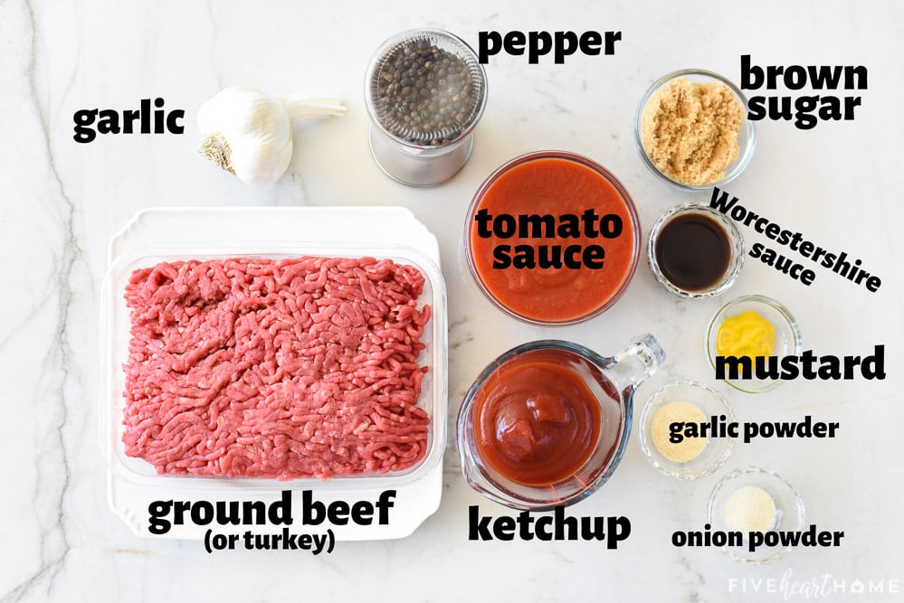 Aerial view of labeled ingredients to make homemade Sloppy Joes with sloppy joe sauce.