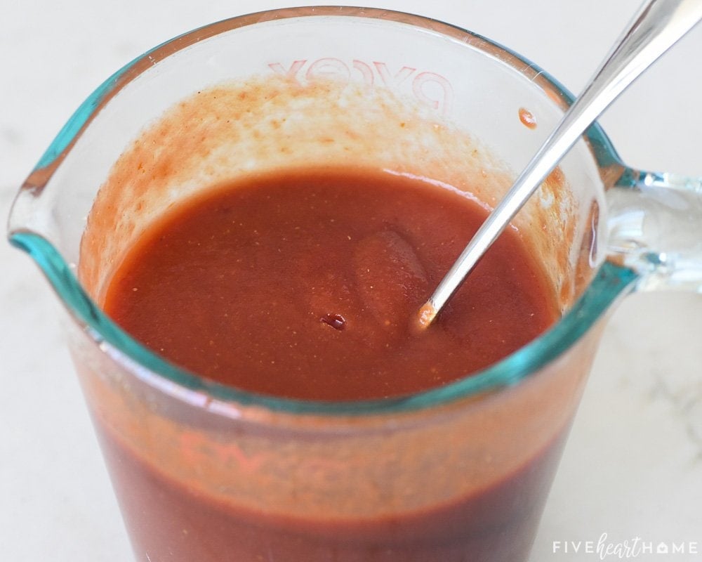 Sloppy Joe sauce recipe stirred together in measuring cup.