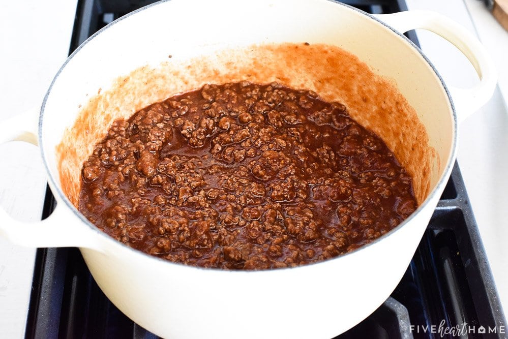 Pot of simmering Sloppy Joes.