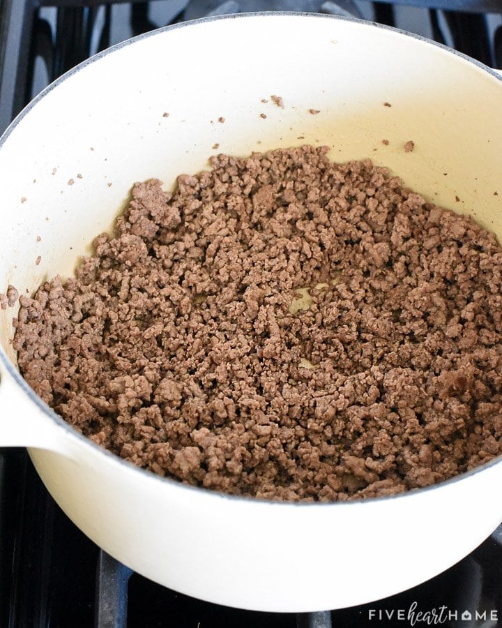 Pot of browned ground beef.