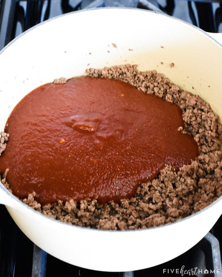 Sloppy Joe sauce and beef ready to be stirred together for the best sloppy joe.