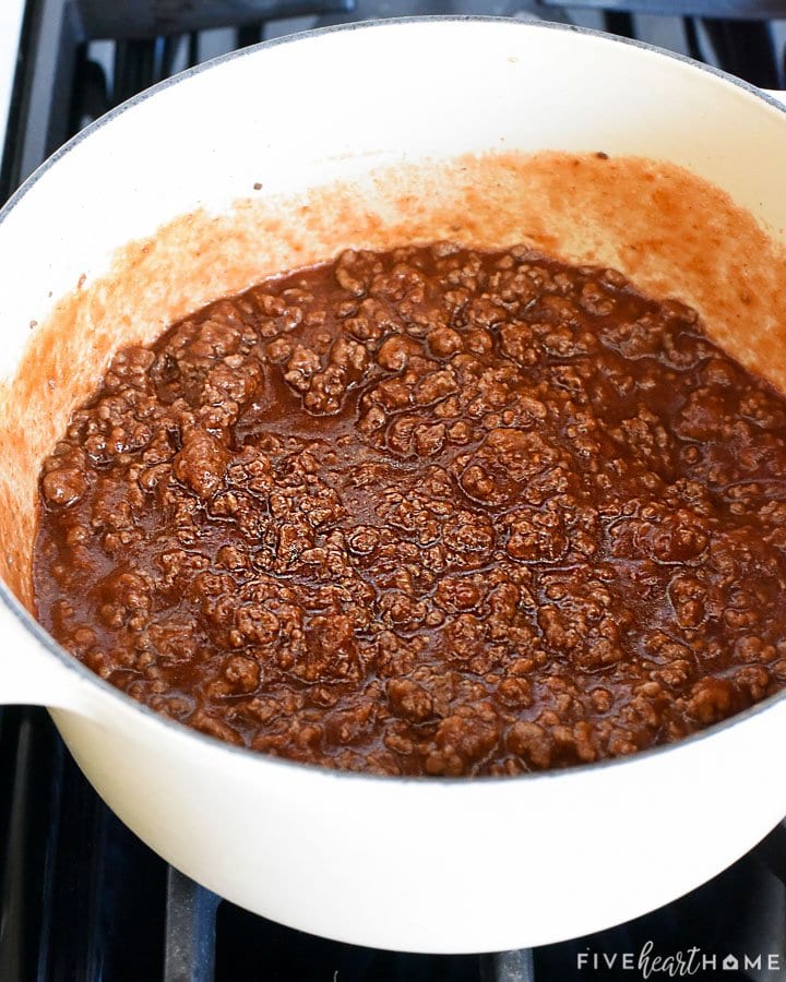 Sloppy joes recipe simmering on stove.