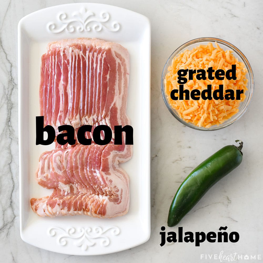 Aerial labeled ingredients of cheddar, jalapeño, and bacon.