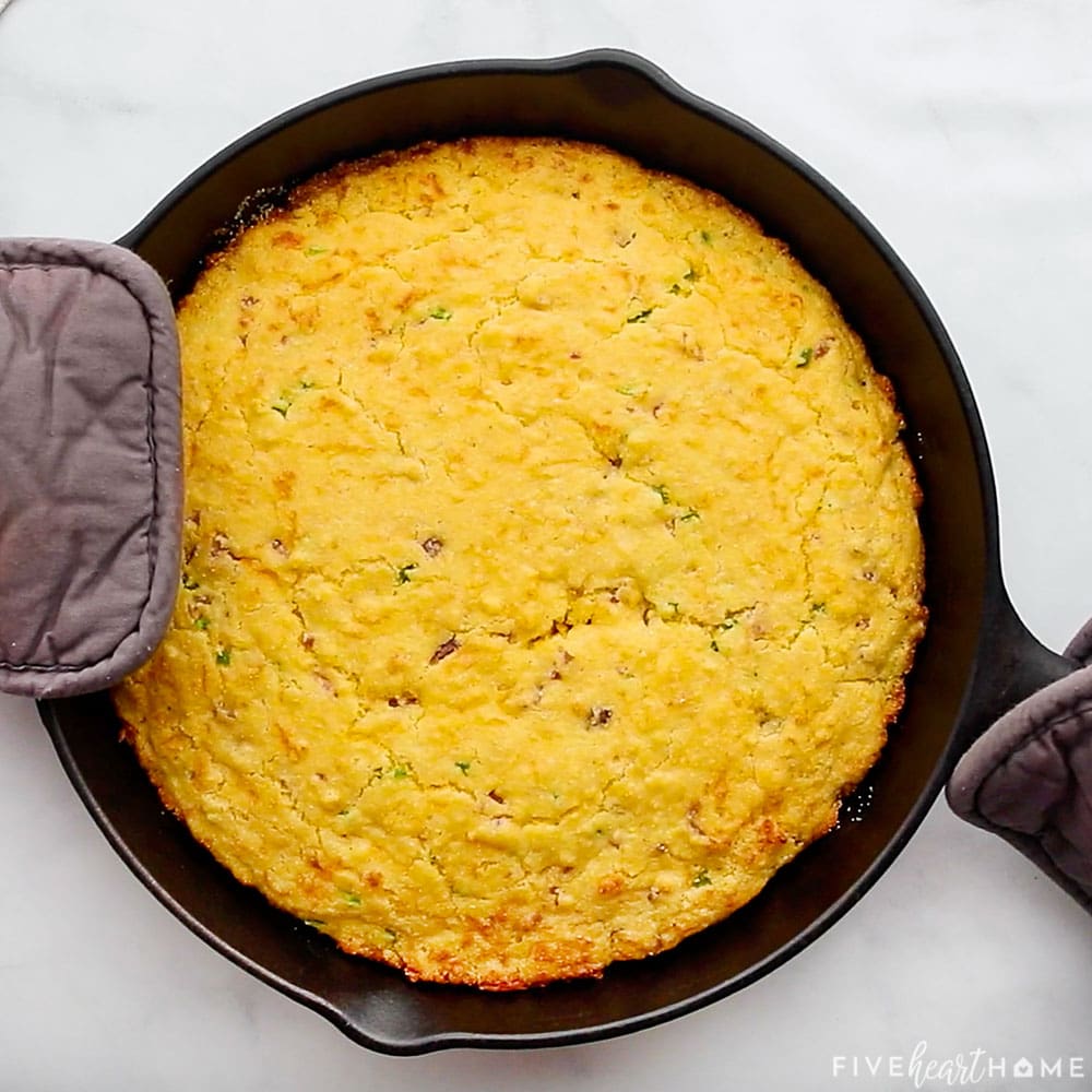 Skillet of Jalapeño Cheddar Cornbread fresh out of oven.