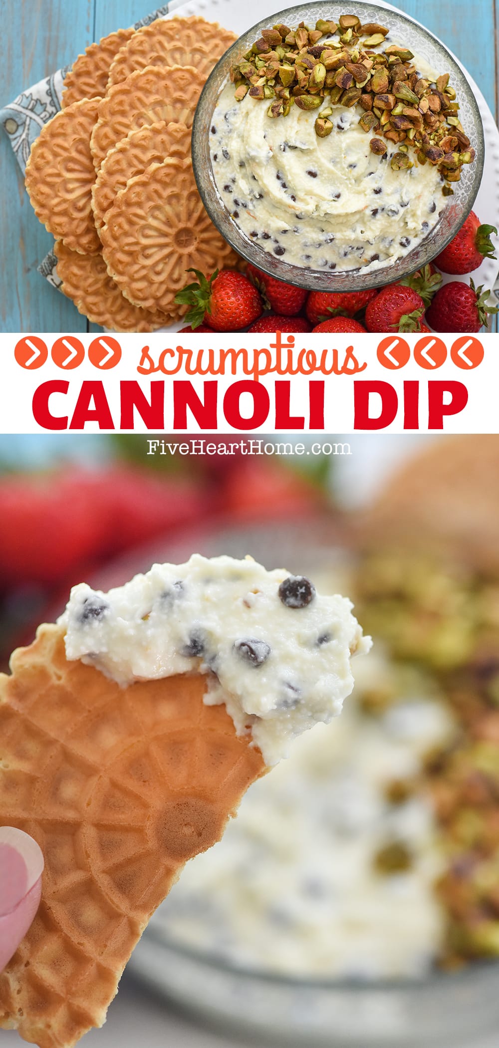 Cannoli Dip ~ a lightly sweet recipe that tastes like cannoli filling but with the convenience of a quick and easy dip, made with ricotta cheese and flavored with orange zest, semisweet chocolate, and crunchy pistachios! | FiveHeartHome.com via @fivehearthome