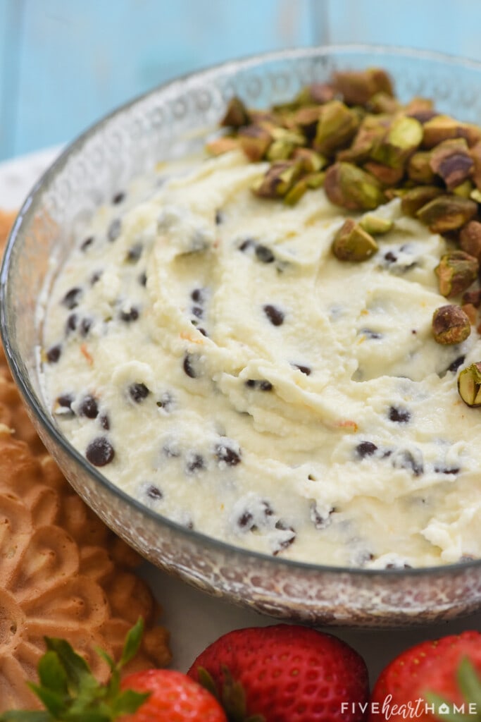 Close-up of Cannoli Dip topped with pistachios.