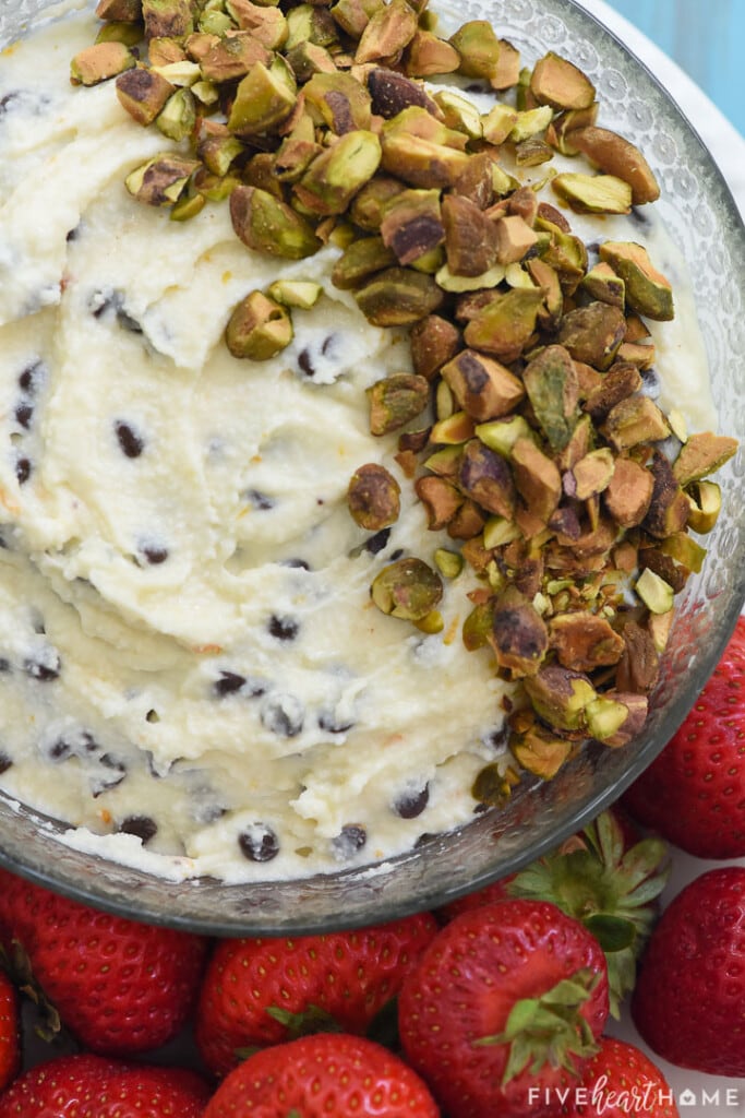 Aerial zoom of Cannoli Dip made with ricotta cheese.