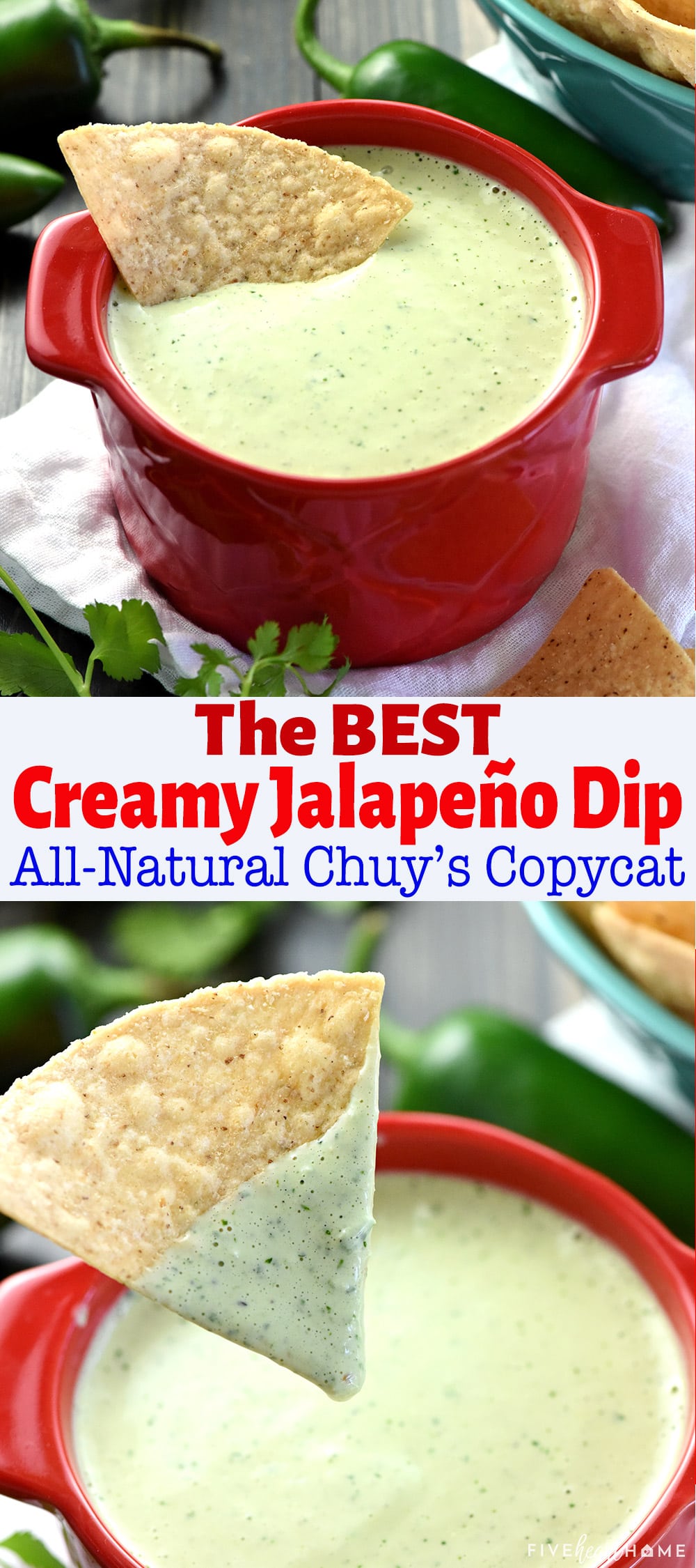 Creamy Jalapeño Dip ~ an all-natural copycat recipe of the popular dip from Chuy’s, made with a handful of real ingredients including fresh jalapeños, cilantro, and salsa verde! | FiveHeartHome.com via @fivehearthome