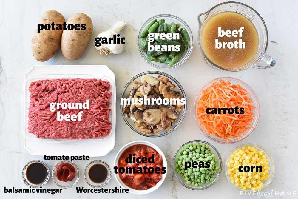 Aerial view of Hamburger Vegetable Soup ingredients.