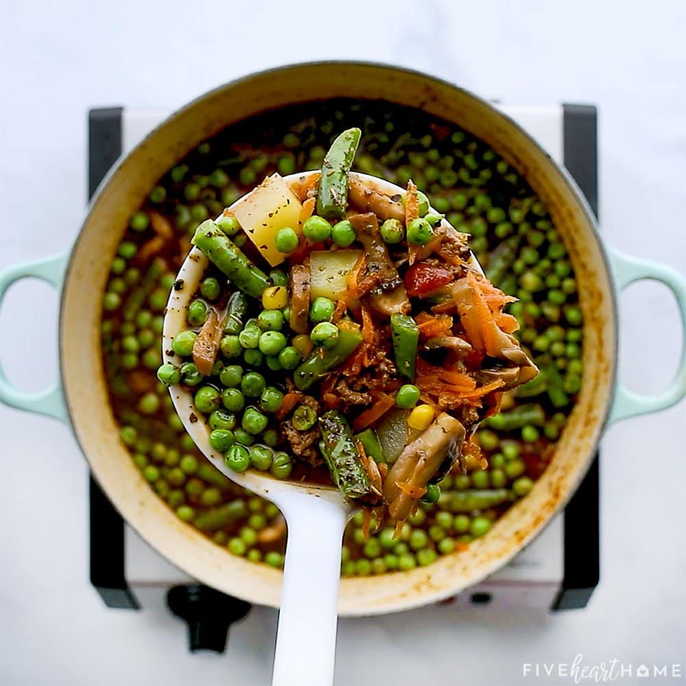 Ladle of finished Hamburger Soup recipe.