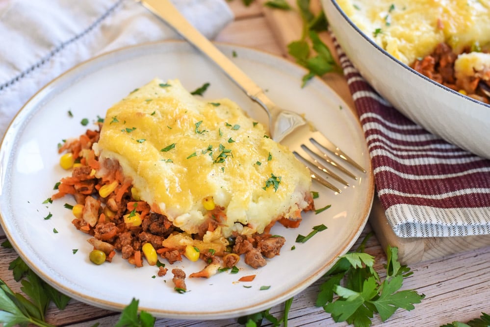 Easy Shepherd's Pie recipe on plate with fork.