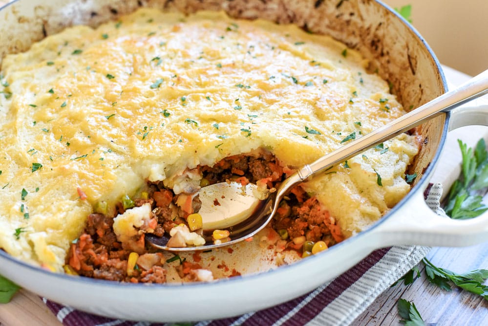 Easy Shepherd's Pie recipe in skillet with spoon.