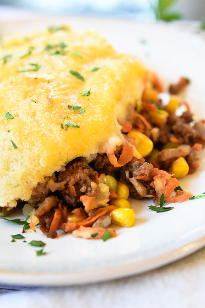 Close-up of Shepherd's Pie ground beef and veggies.