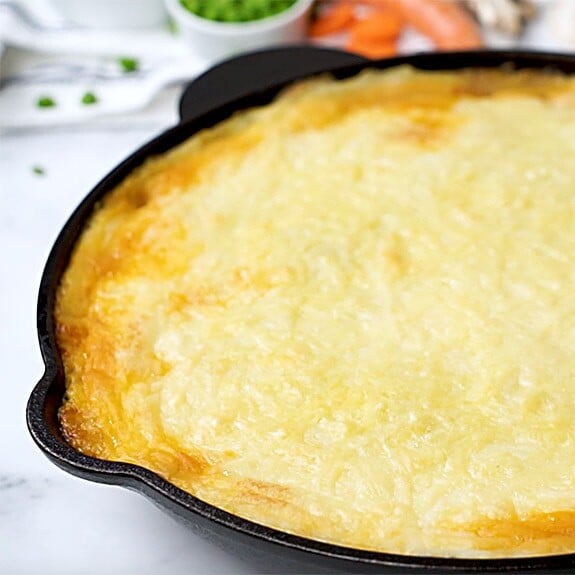 Mashed potatoes on top of skillet.