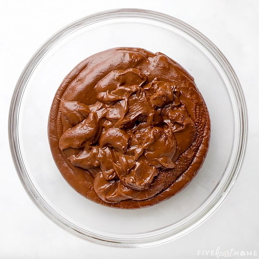 Aerial view of bowl of strained chocolate pudding.