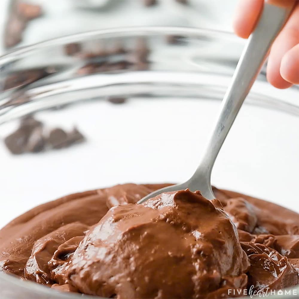 Spoon scooping chocolate pudding.